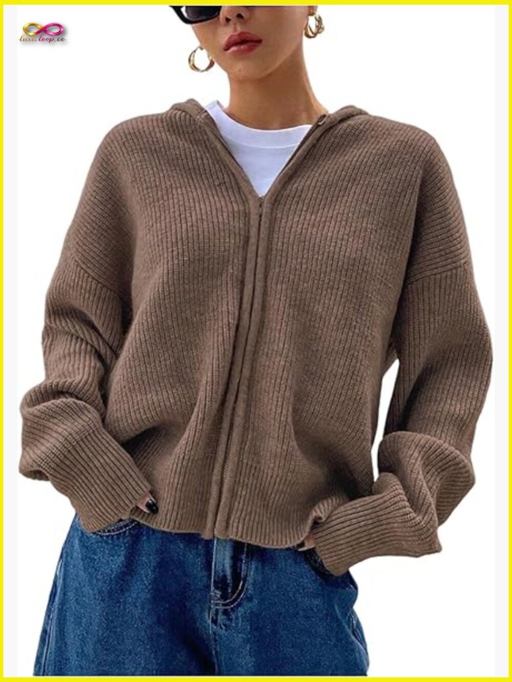 Zip Up Hooded Cardigan Sweater Knitted Drop Shoulder Fall Winter Outerwear